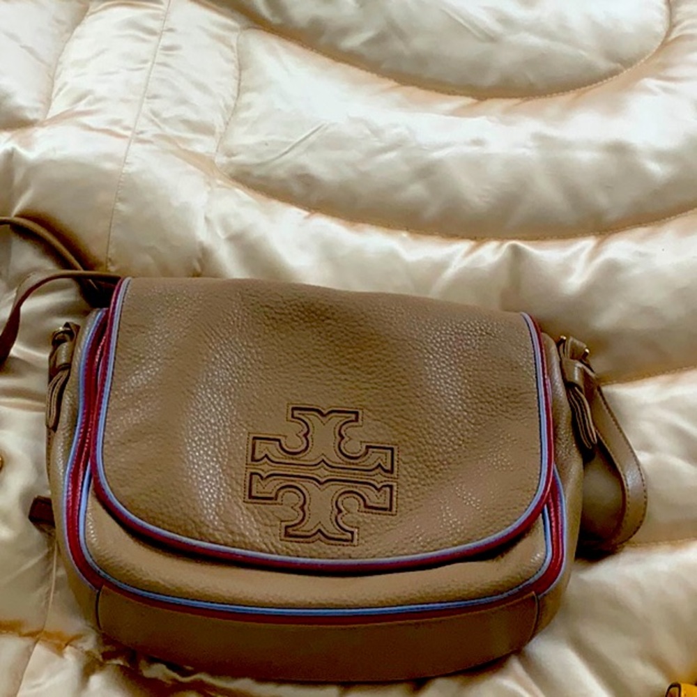 Tory Burch khaki leather cross body with blue and red piping
